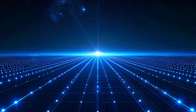 Abstract Blue Digital Network Grid with Glowing Light Horizon.