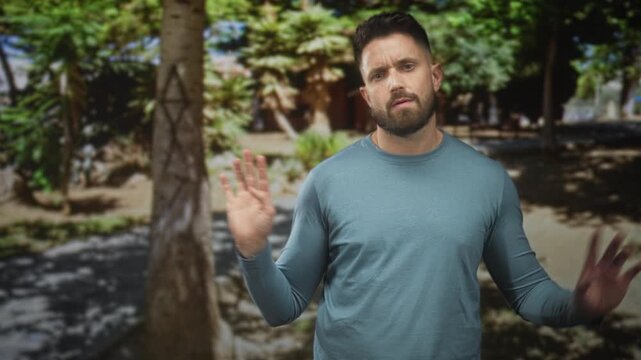 Hispanic man with beard stands in a shaded forest, places hand over chest then lifts both palms outward in a pleading gesture; apology.