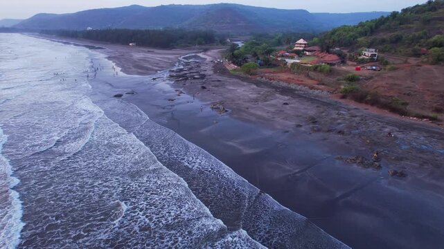 A stunning aerial drone view of Dapoli Beach along the Konkan coastline in Ratnagiri district, Maharashtra, India. 