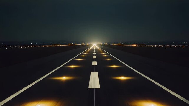 Airport runway lights guiding planes for arrival and departure during a dark night, symbolizing safety, efficiency, and modern air travel infrastructure