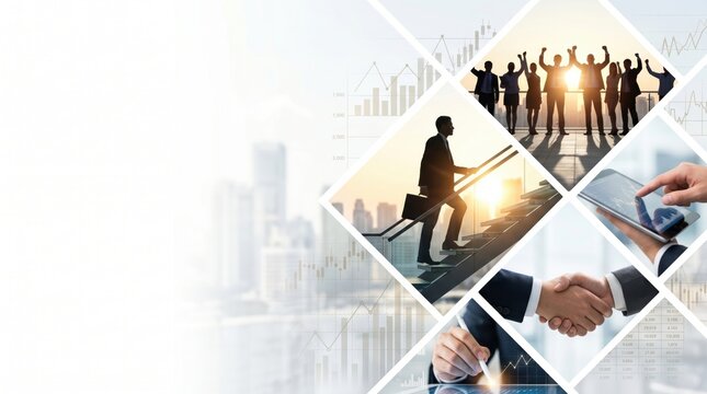 Business success, teamwork and growth concept collage featuring corporate team celebrating victory, professional climbing stairs with briefcase, handshake deal, digital analytics