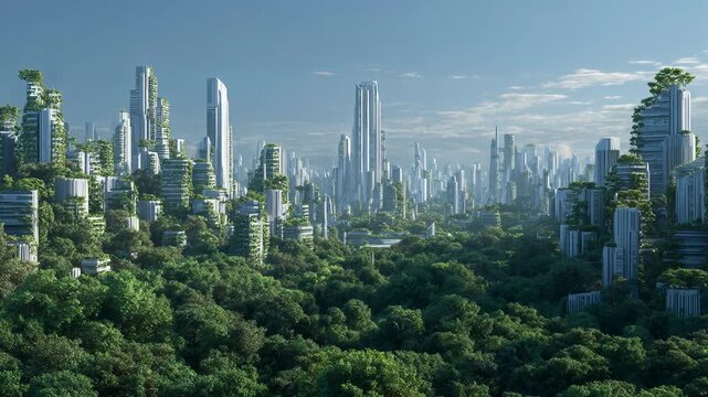 Futuristic city skyline with skyscrapers and lush green forest, modern eco urban landscape background
