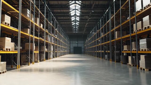 Vast warehouse interior featuring tall metal racking systems filled with cardboard boxes and white wrapped pallets, all illuminated by skylights overhead