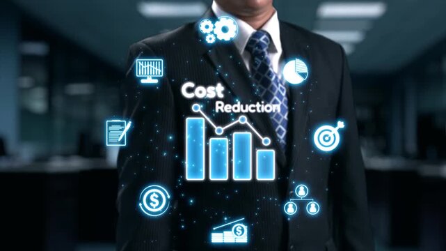 A businessman in a suit stands in a modern office, presenting a cost reduction graph surrounded by vibrant financial icons, symbolizing success and strategic growth. Qubit