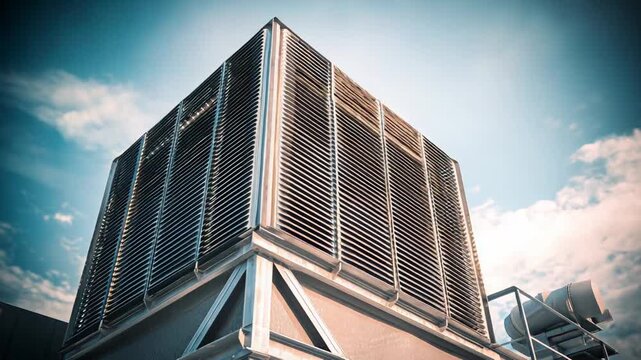 Industrial air conditioning system providing climate control for a commercial building, featuring metal louvers against a vibrant blue sky with soft clouds