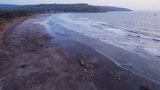 A stunning aerial drone view of Dapoli Beach along the Konkan coastline in Ratnagiri district, Maharashtra, India. 