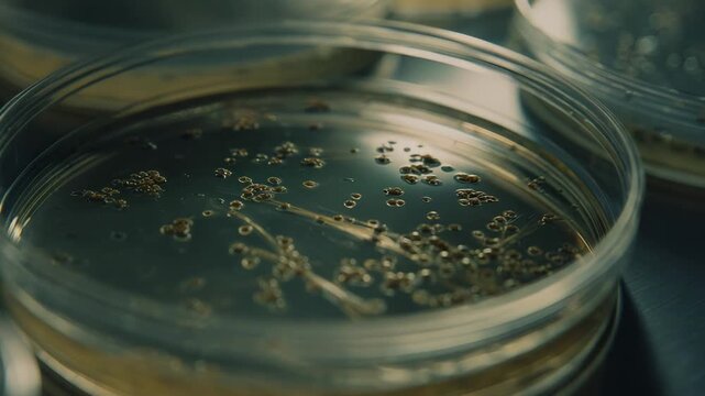 Petri dish closeup showing microorganisms and bacteria growing in a laboratory, essential for scientific experiments, medical research, and biological analysis during development