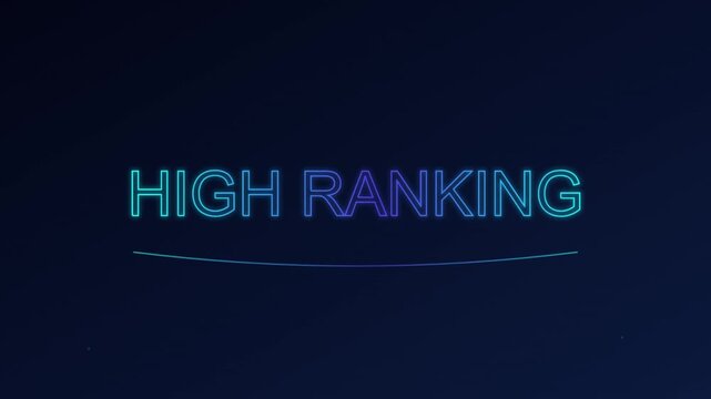 High ranking text animation with glowing neon effect, digital marketing success concept, blue and teal futuristic motion graphics for business growth