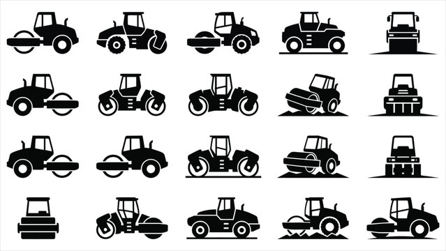 Comprehensive Collection of Minimalist Black Silhouette Icons Representing Various Road Roller and Steam Roller Heavy Machinery Assets.