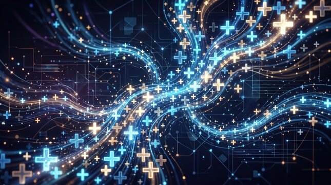 Abstract digital background with glowing plus signs and network lines, representing positive growth, medical addition, or technological connectivity concepts