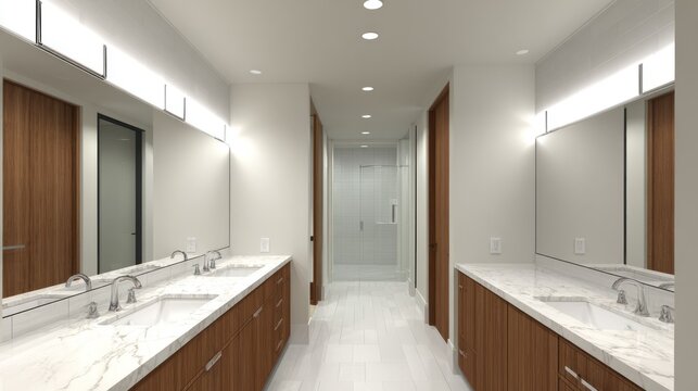 Modern bathroom interior features dual vanity sinks and bright horizontal lighting fixtures
