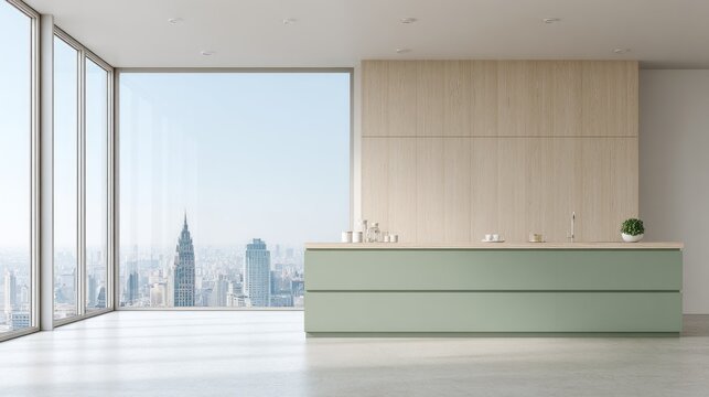 Modern kitchen interior features minimalist design with expansive city views from large windows