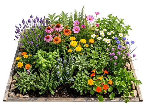 Square Raised Garden Bed with Herbs and Flowers Isolated on Transparent Background