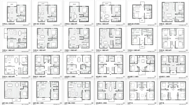 Collection of various apartment floor plans, including studio, 1bedroom, 2bedroom, and 3bedroom units architectural layout designs for residential housing projects