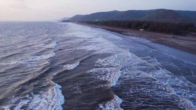 A stunning aerial drone view of Dapoli Beach along the Konkan coastline in Ratnagiri district, Maharashtra, India. 