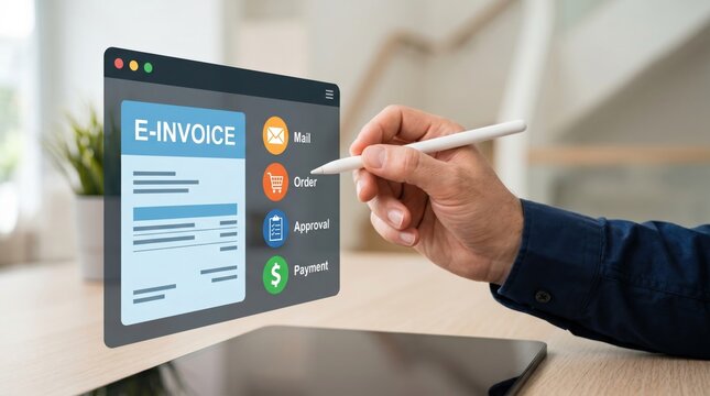 Hand using digital pen to select e-invoice option on virtual screen interface, online billing payment and order approval process automation concept