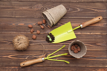 Naklejka premium Set of gardening supplies with plant seedling on wooden background. Top view