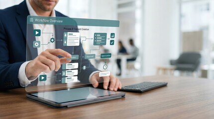 Fototapeta premium Manager reviewing workflow overview on tablet, business process optimization chart with flow diagram, project management strategy and team collaboration planning for efficient