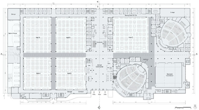 Large scale convention center floor plan with exhibition halls and auditorium