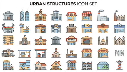 Fototapeta premium Comprehensive Collection of Illustrated Urban Structures and Diverse Architectural Building Icons in a Flat Line Art Style
