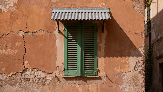 Rustic Italian Window with Green Shutters and Orange Wall
