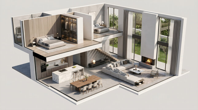 Architectural visualization of a luxury duplex house displaying a minimalist interior design, marble accents, and spacious open-concept layout.