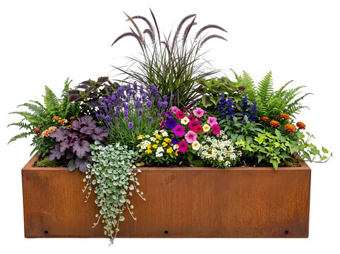 Modern Corten Steel Planter with Purple Salvia and Grasses