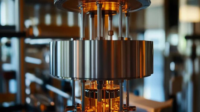 Quantum computer machine hardware glowing with warm light, performing complex calculations and advancing scientific understanding in a high tech experimental environment