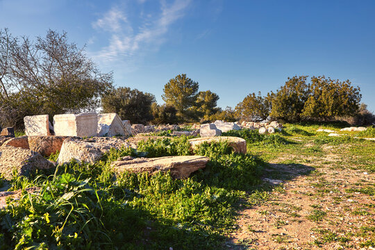 View on green biblical landscape and Archaeological Ruins Beit Guvrin Maresha during winter time, Israel. January 2019