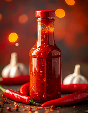 Bottle of homemade sriracha hot sauce with rich deep red chili sauce, fresh red chilies and garlic cloves, bold and appetizing spicy