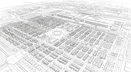 Aerial perspective sketch of a large urban marketplace with modular structures and a central plaza © S.Siam