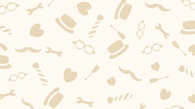 Father&rsquo;s Day looping pattern animation with mustaches, hats, ties, glasses, hearts, and tool icons on soft beige background. Minimal 4K festive backdrop for greeting videos.