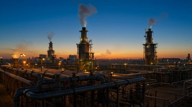 Oil refinery plant with smoking towers at sunset, gas and fuel energy