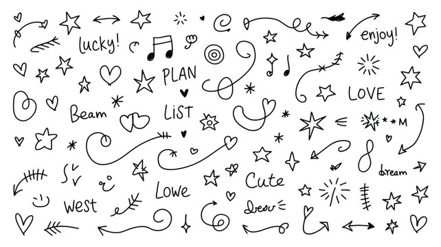 Black and white doodle pattern with stars, hearts, and inspirational words on white background for creative design concepts