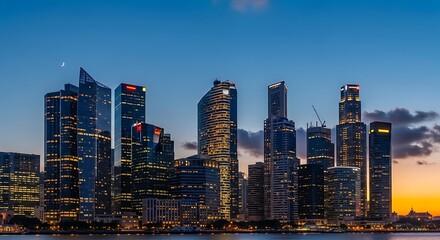 Obraz premium Illuminated modern skyscrapers glow against a twilight sky with a crescent moon