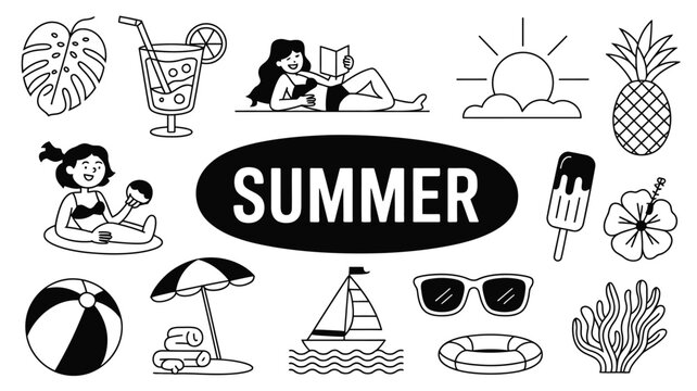 Black And White Line Art Summer Concept With Various Beach Icons And Symbols