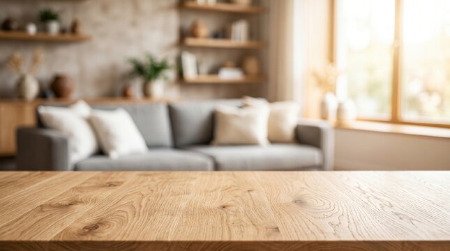 Empty wooden table top with blurred cozy living room interior background, bright window light, modern home furniture, sofa and shelves, mockup for product display, natural wood