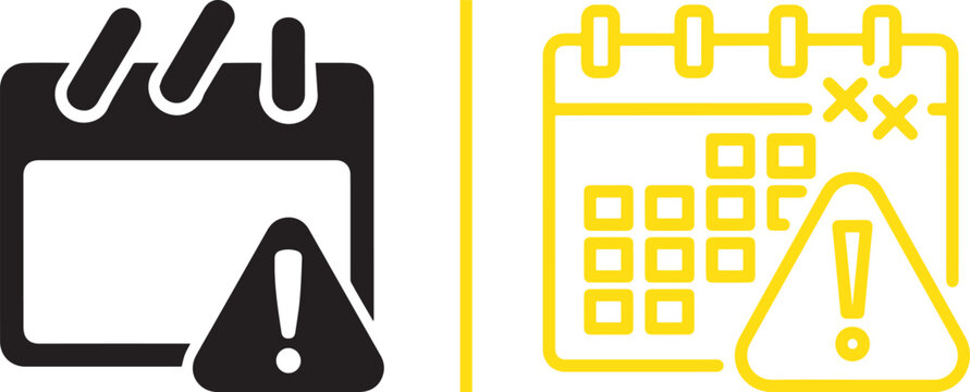 Calendar vector icons with warning exclamation mark symbols. Representing urgent deadlines, expired dates, and schedule alerts