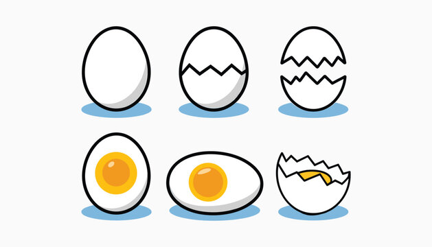 Six cartoon eggs in different stages of being cracked open cracked eggs egg shells egg yolk vector illustration isolated on white background