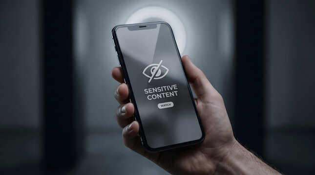 Hand holding smartphone showing sensitive content warning on screen