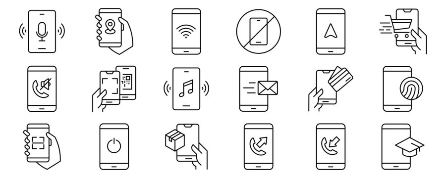 Minimalist Smartphone outline icons set with editable stroke. featuring icons of various Smartphone function and notifications. thin linear illustration.