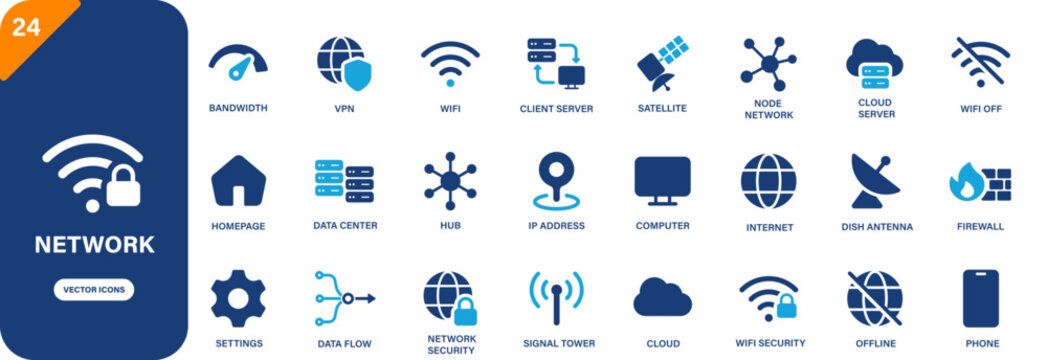 Network icon collection featuring wifi, node network, signal tower, bandwidth and firewall symbols. Solid vector icons.
