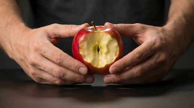 Close up of male hands holding a bitten red apple core