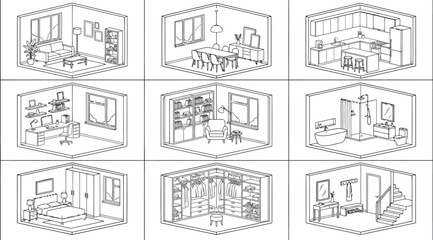Naklejka premium Set of isometric interior room illustrations with furniture