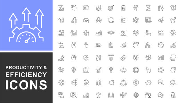 Productivity and efficiency icon set. Containing efficiency, task, focus, multitasking, workflow, growth, routine, project management, automation and productive. Editable stroke. Vector illustration.
