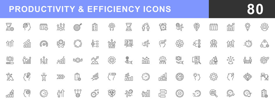 Productivity and efficiency icon set. Containing efficiency, task, focus, multitasking, workflow, growth, routine, project management, automation and productive. Editable stroke. Vector illustration.