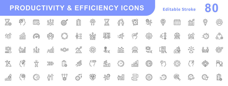 Productivity and efficiency icon set. Containing efficiency, task, focus, multitasking, workflow, growth, routine, project management, automation and productive. Editable stroke. Vector illustration.