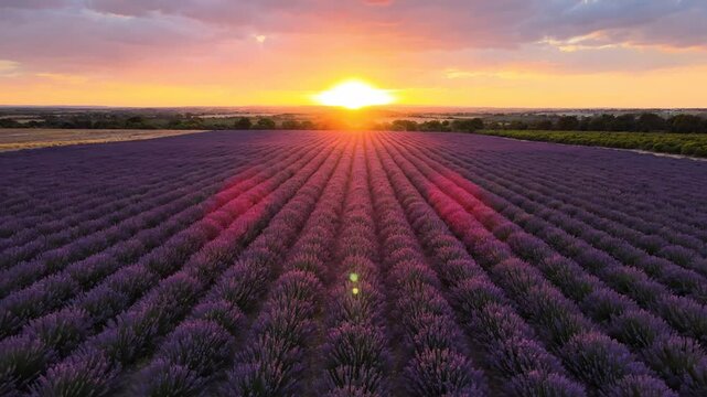Aerial drone view of endless lavender field at sunset, purple flowers in rows, golden sun rays piercing through dramatic clouds, Provence France, serene landscape