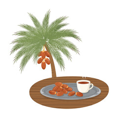 Obraz premium Fresh dates on tray with coffee cup under a palm tree