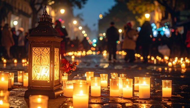 Peaceful evening with lanterns and candles.
